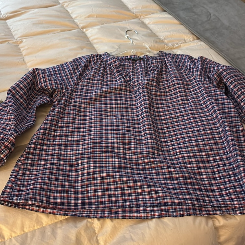 Madewell 79 cotton 21 linen L popover plaid blouse red blue white tie sleeves - Picture 7 of 8